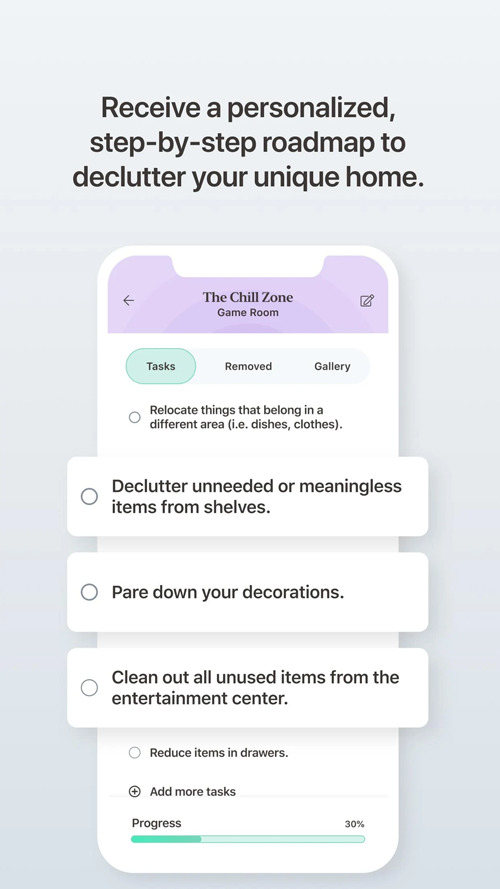  Clutterfree app promoting a personalized, step by step roadmap to declutter your unique home.