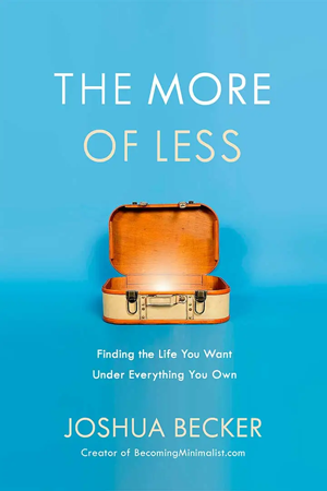 The More of Less book cover has the title in white and beige against a light blue background with an opened and empty suitcase.